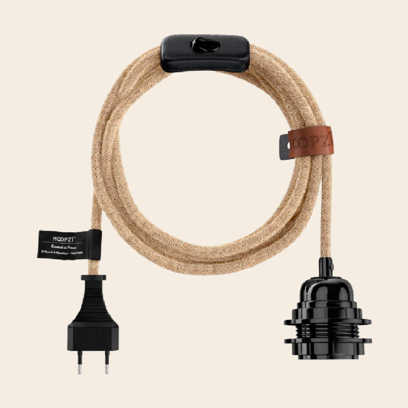 Hoopzi fitting met stekker en schakelaar - jute / zwart