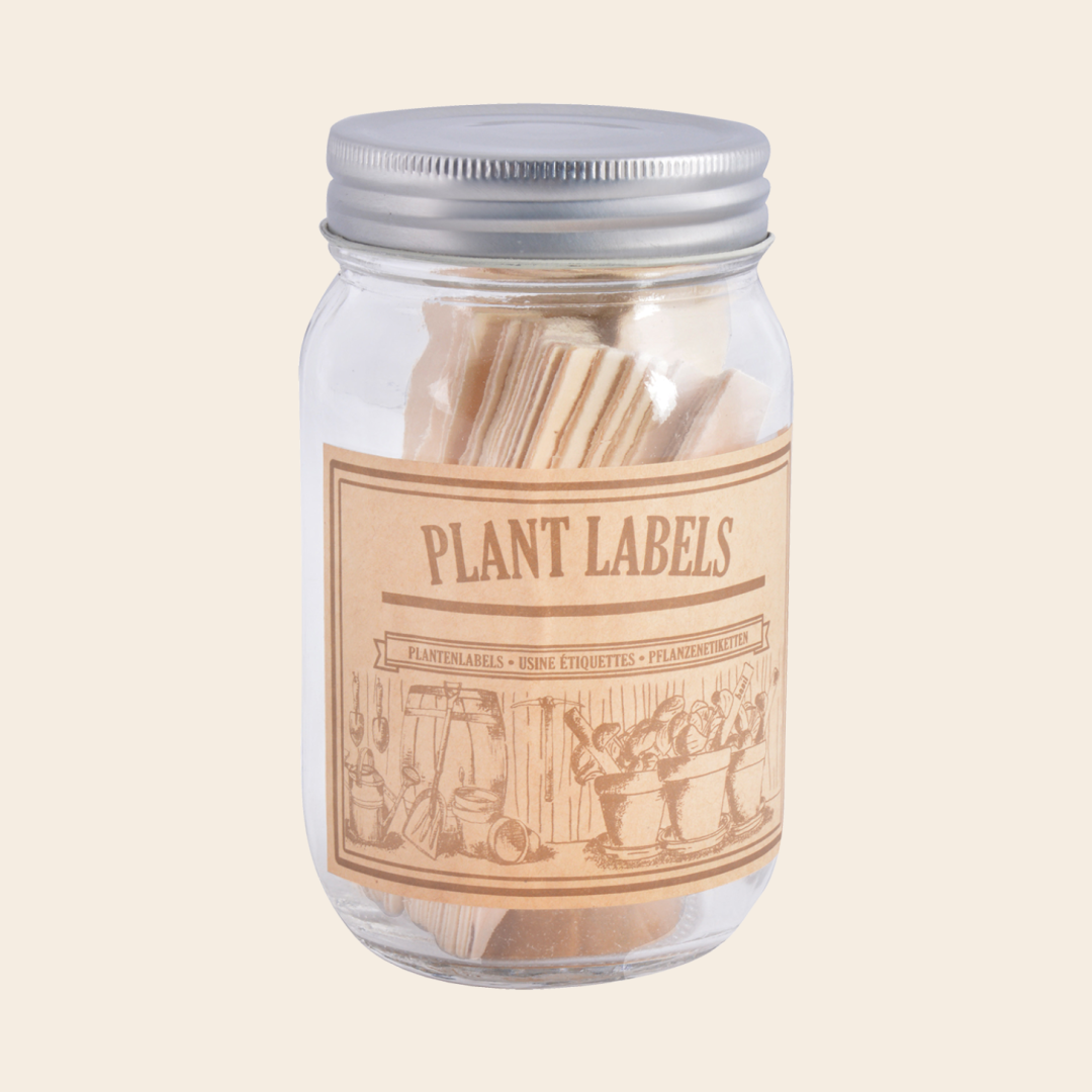 bewaarpot met plantenlabels