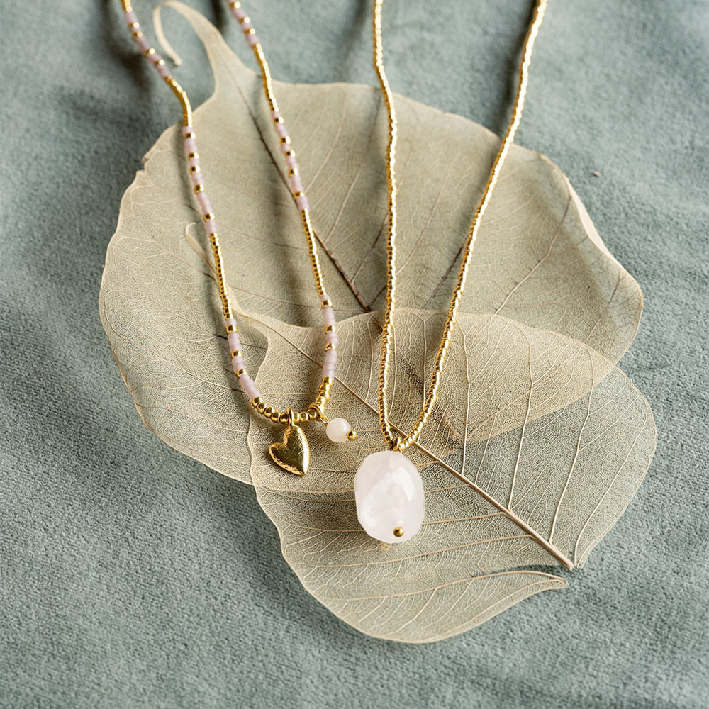 A Beautiful Story ketting / armband 'Honored' hart - rozenkwarts