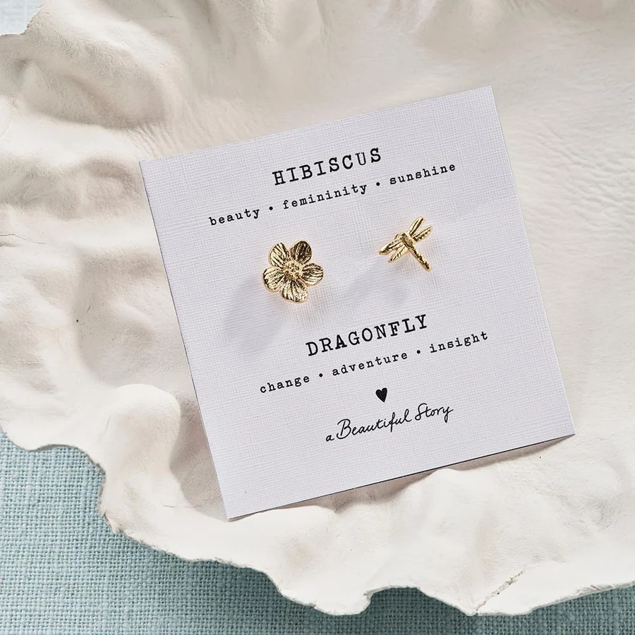 A Beautiful Story broche set/2 'Hibiscus & Dragonfly' - goud