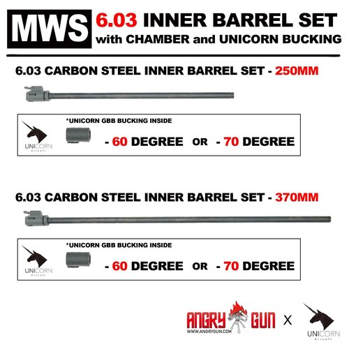 AngryGun Kit MWS Cañón Interno 370mm 6.03 de Acero al Carbono + Cámara + Goma Hop Up Unicorn (60º)