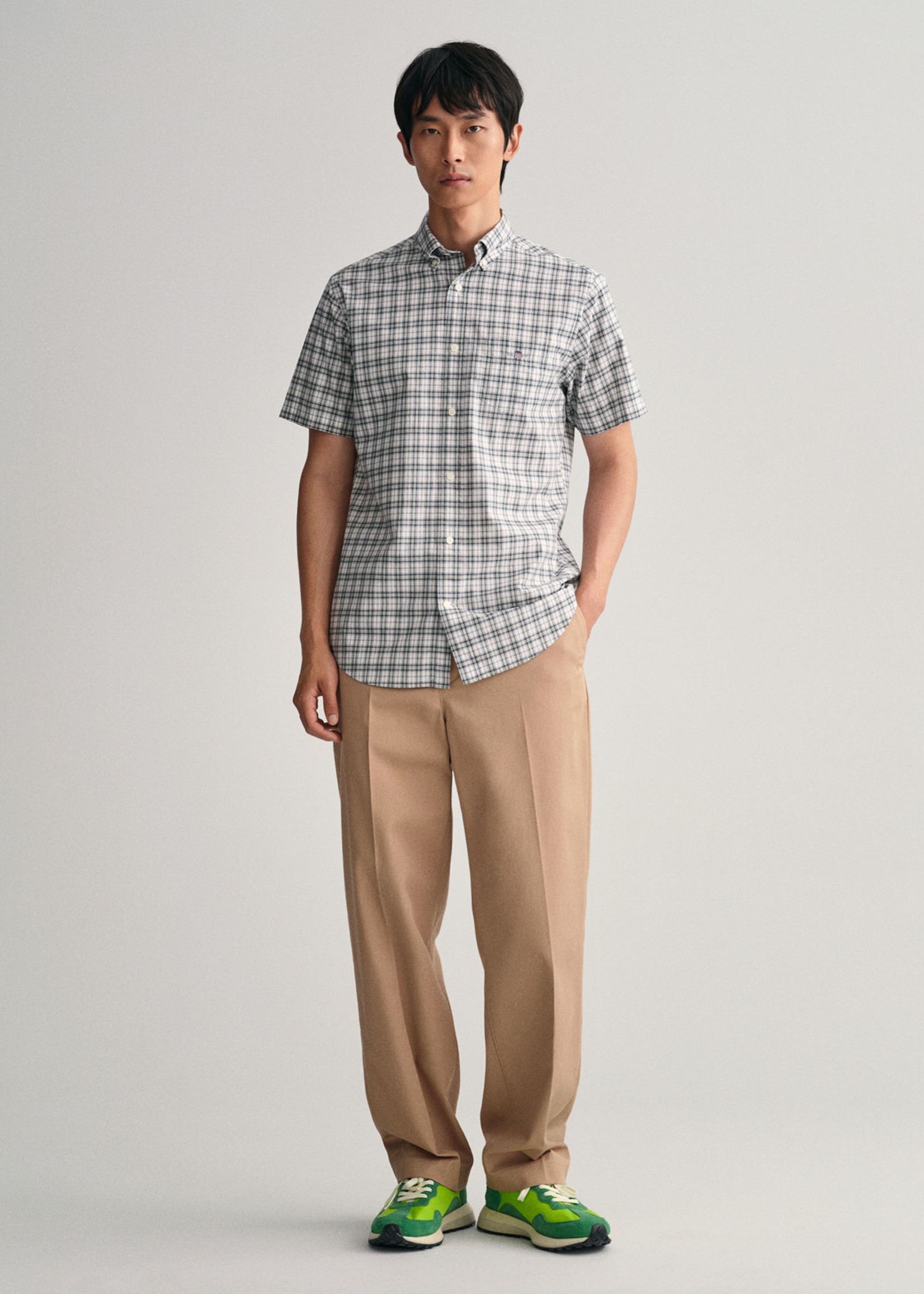 GANT Regular Fit Micro Check Poplin Short Sleeve Shirt - Basil Green