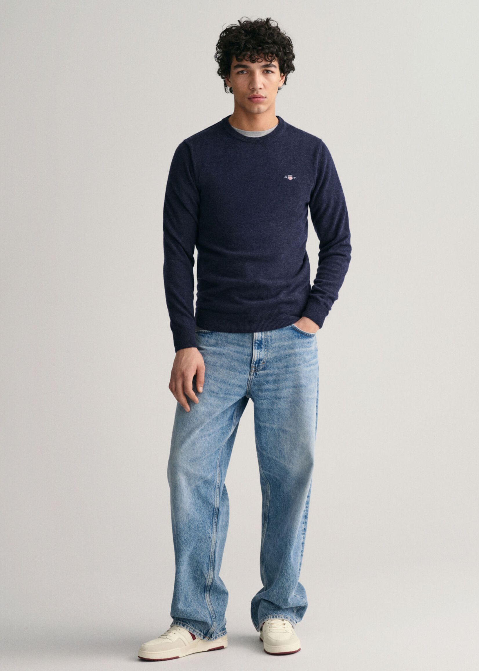 GANT Trui met ronde hals van buitengewoon zachte lamswol - Dark Navy Melange