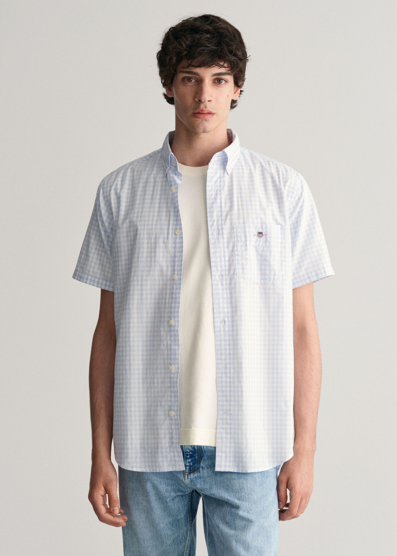 GANT Chemise regular fit en popeline à manches courtes Gingham - Light Blue