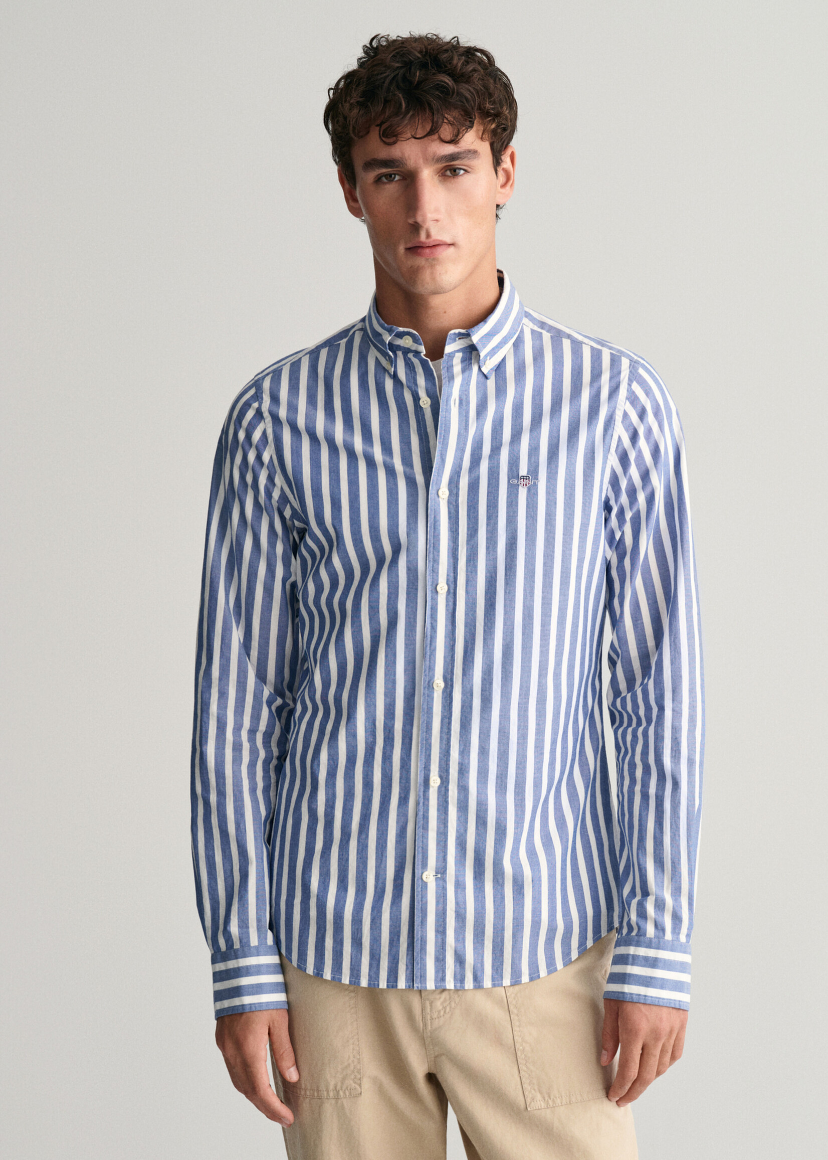 GANT Regular Fit Wide Striped Poplin Shirt - College Blue