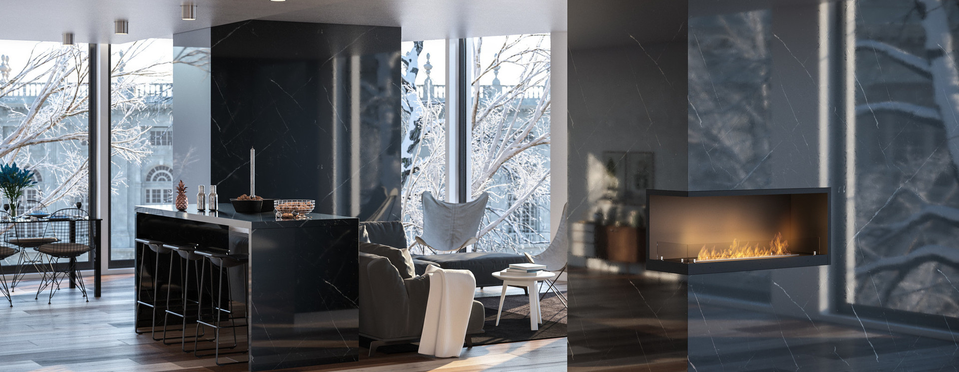 Left-corner fireplaces