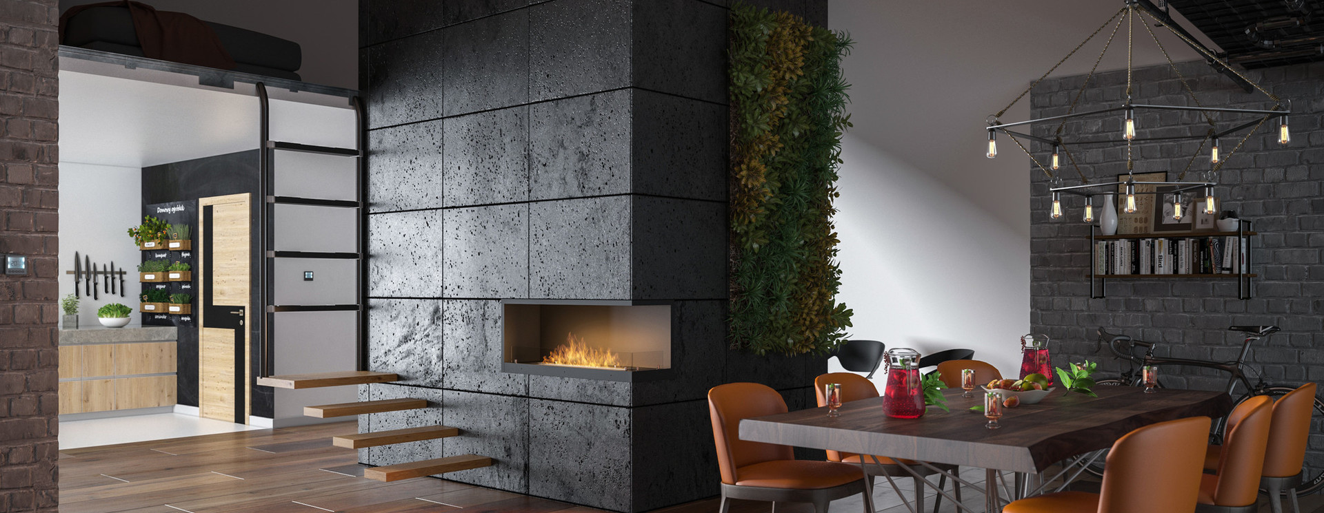 Right-corner fireplaces