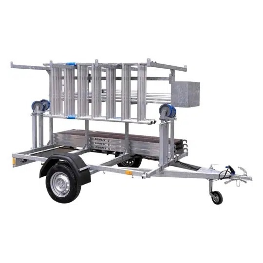 Gebruikte steigeraanhanger met rolsteiger 135 x 250 x 10,2m werkhoogte lichtgewicht platform