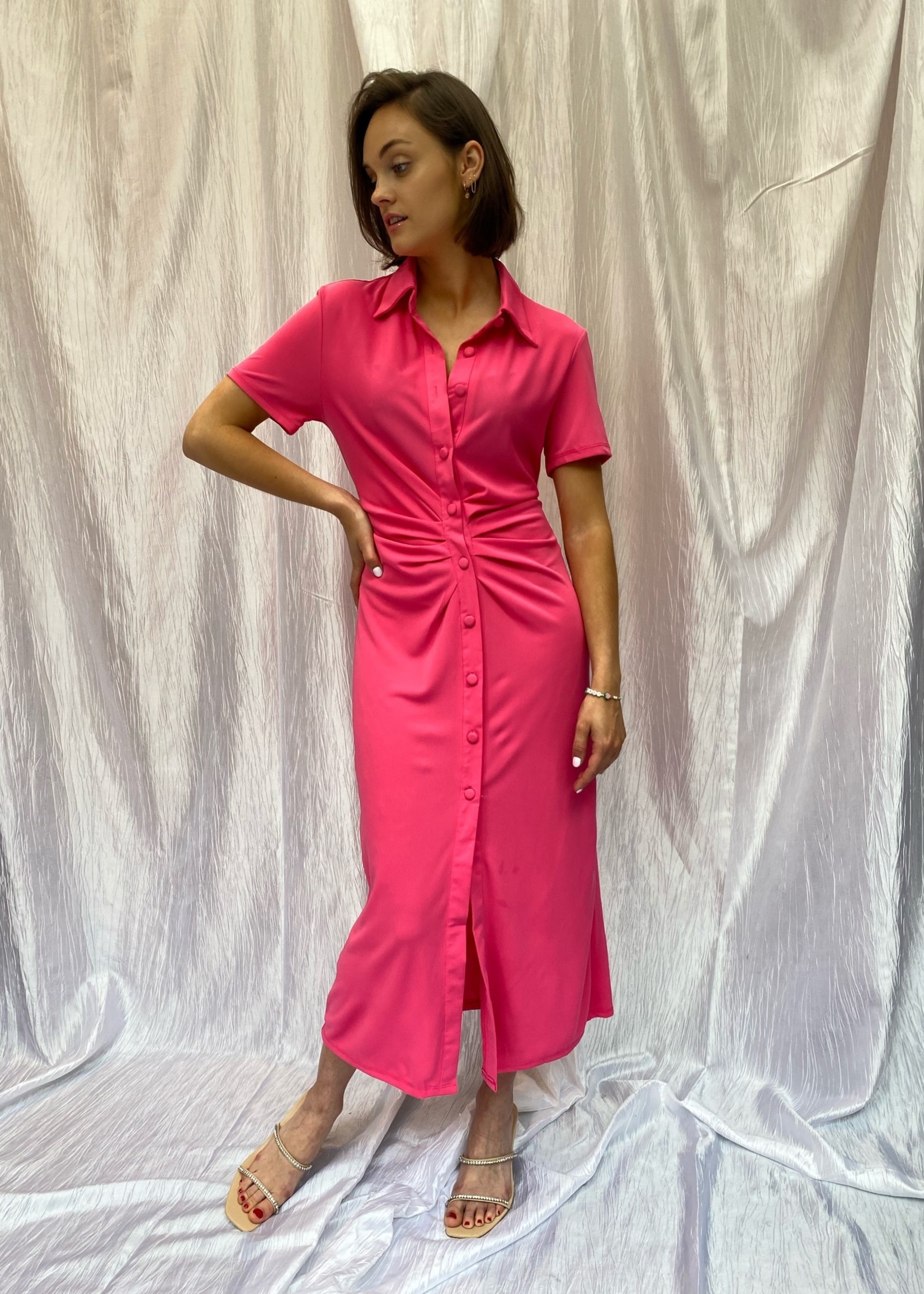 Anita Button Up Dress - Neon Pink