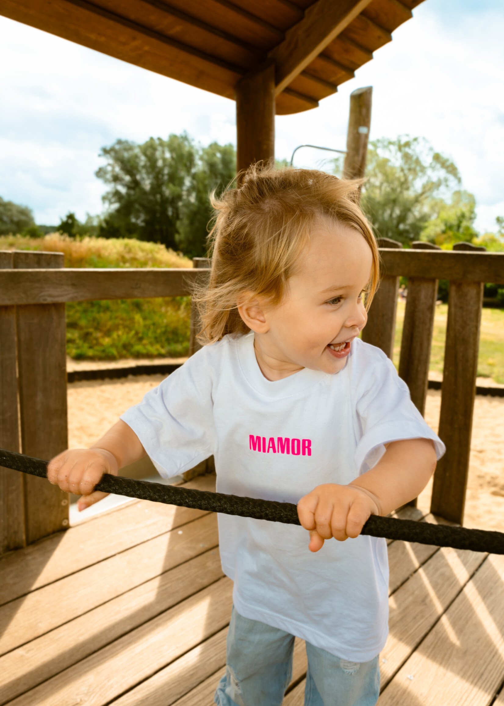 Mini Miamor White Tee  - Neon Pink Logo