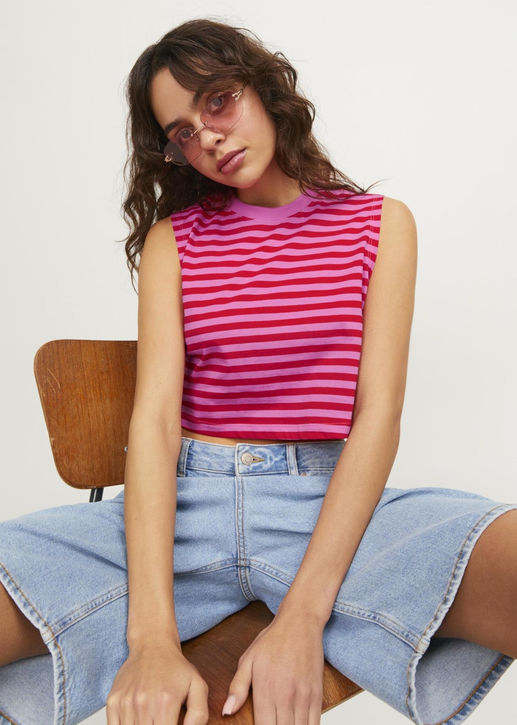 JJXX JXALVIRA CROP STRIPE TEE - CARMINE ROSE