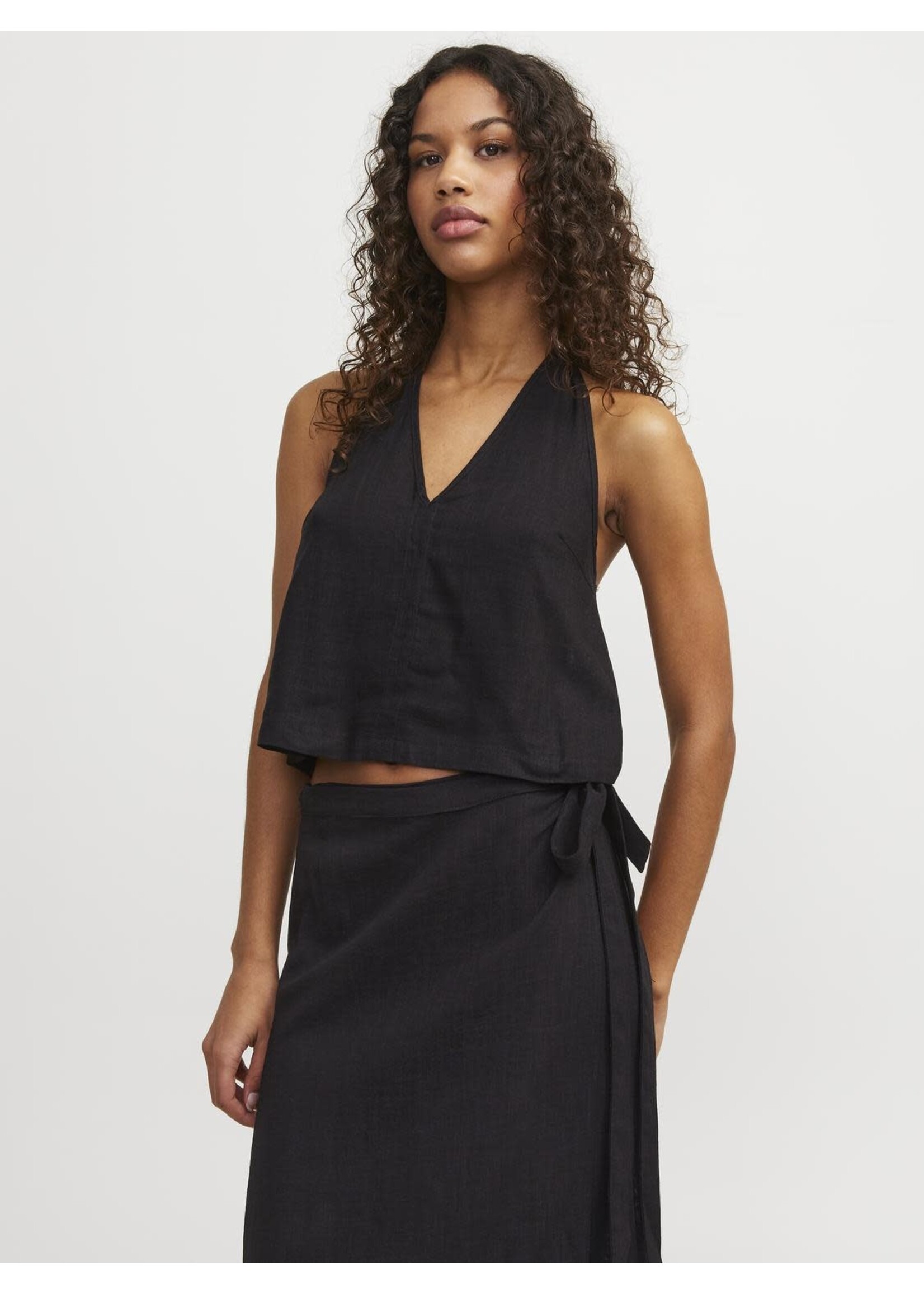 JXOCEAN LINEN BLEND HALTERNECK TOP - BLACK