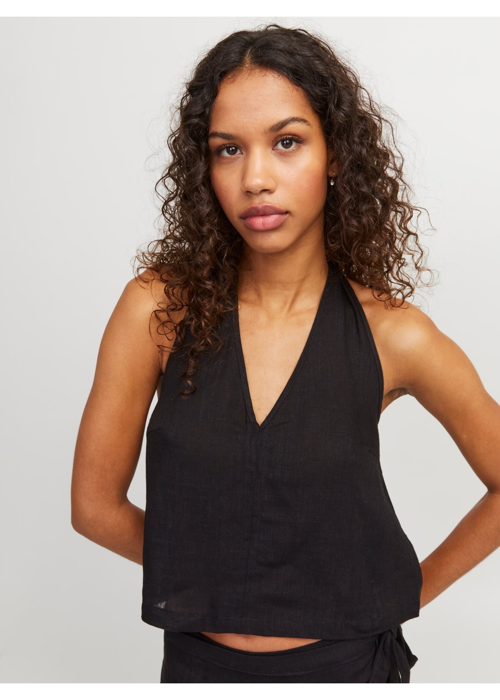 JXOCEAN LINEN BLEND HALTERNECK TOP - BLACK
