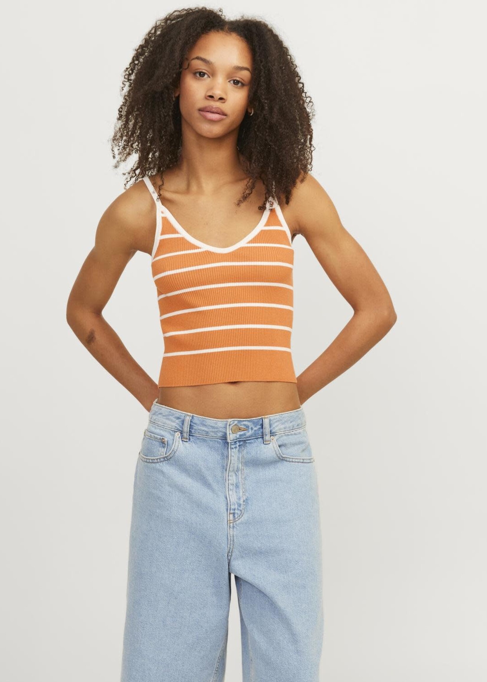 JJXX JXESTHER TIGHT SHORT STRIPE TOP KNIT - TANGERINE`/VANILLA ICE