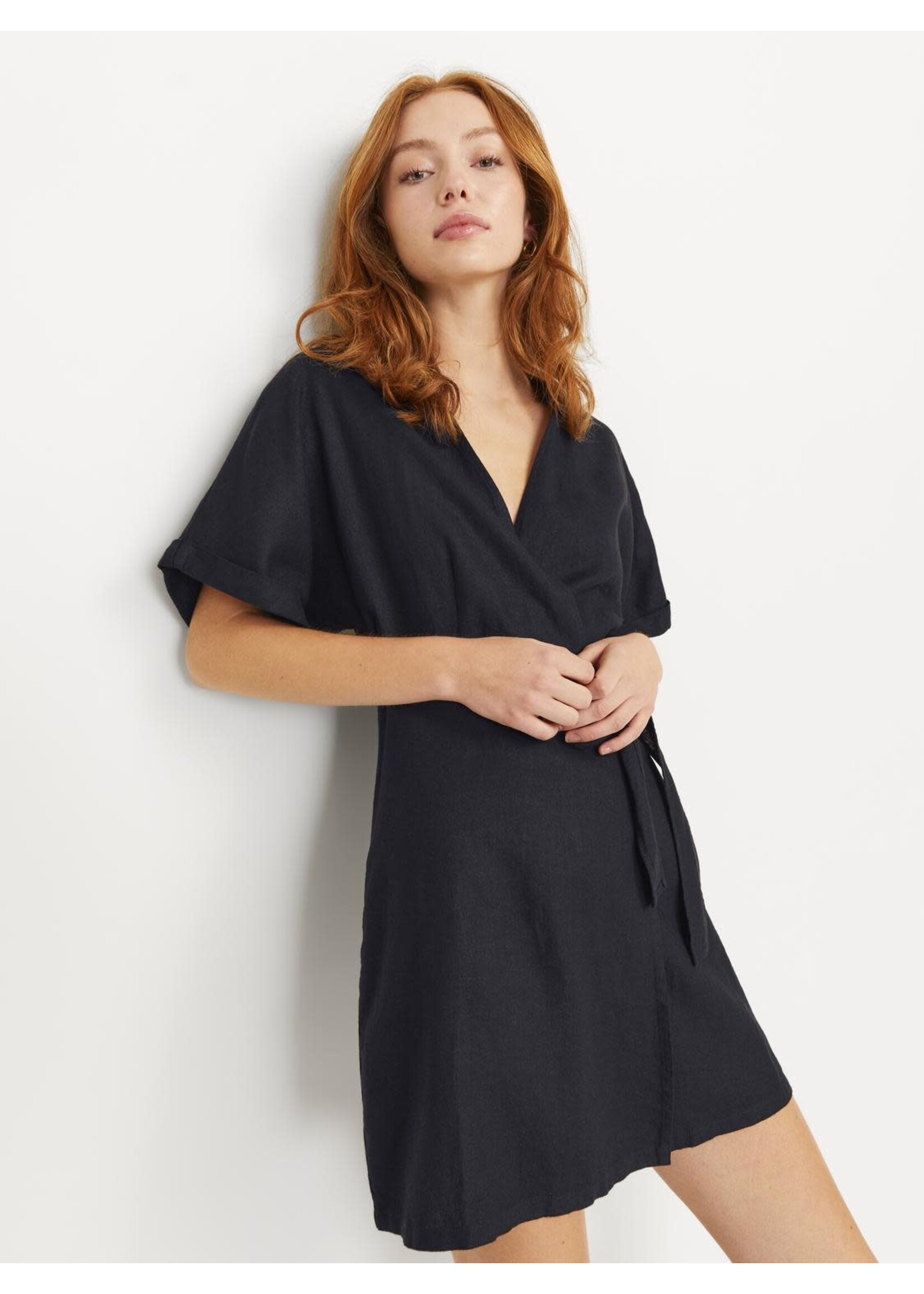 JJXX JXRAYA LINEN BLEND WRAP DRESS - BLACK