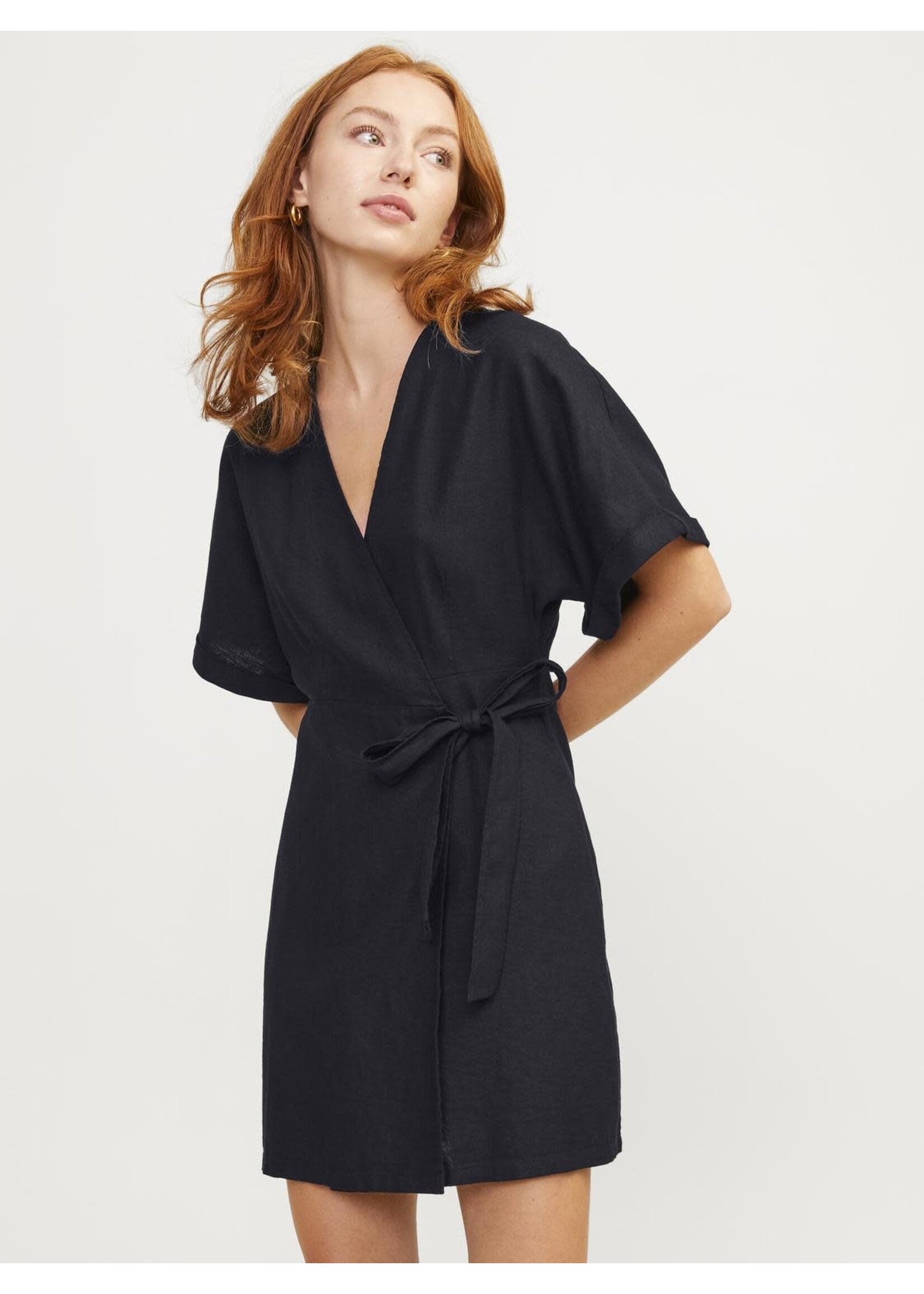 JJXX JXRAYA LINEN BLEND WRAP DRESS - BLACK
