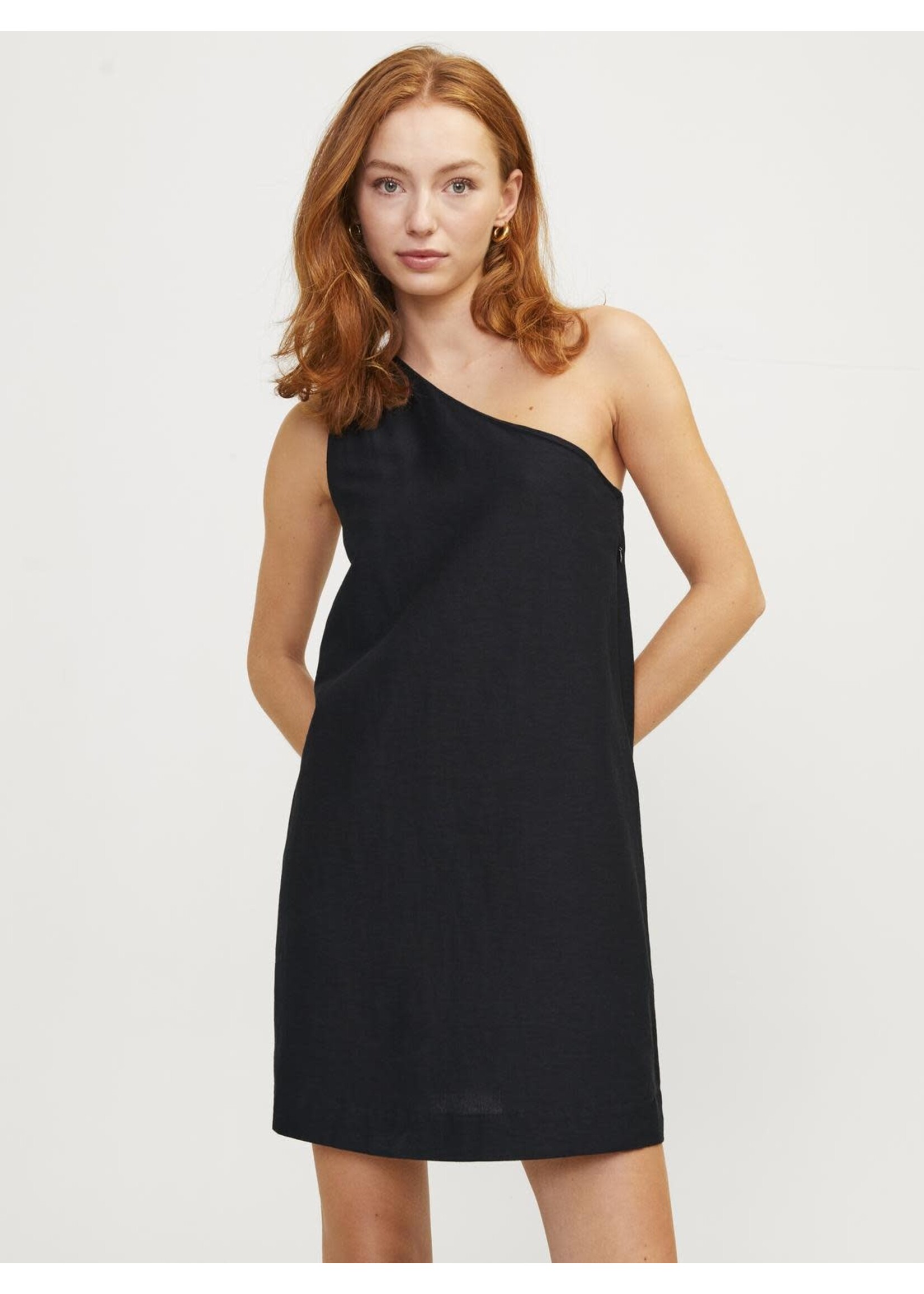 JXANNIKA ONE SHOULDER LINEN BLE DRESS - CAVIAR