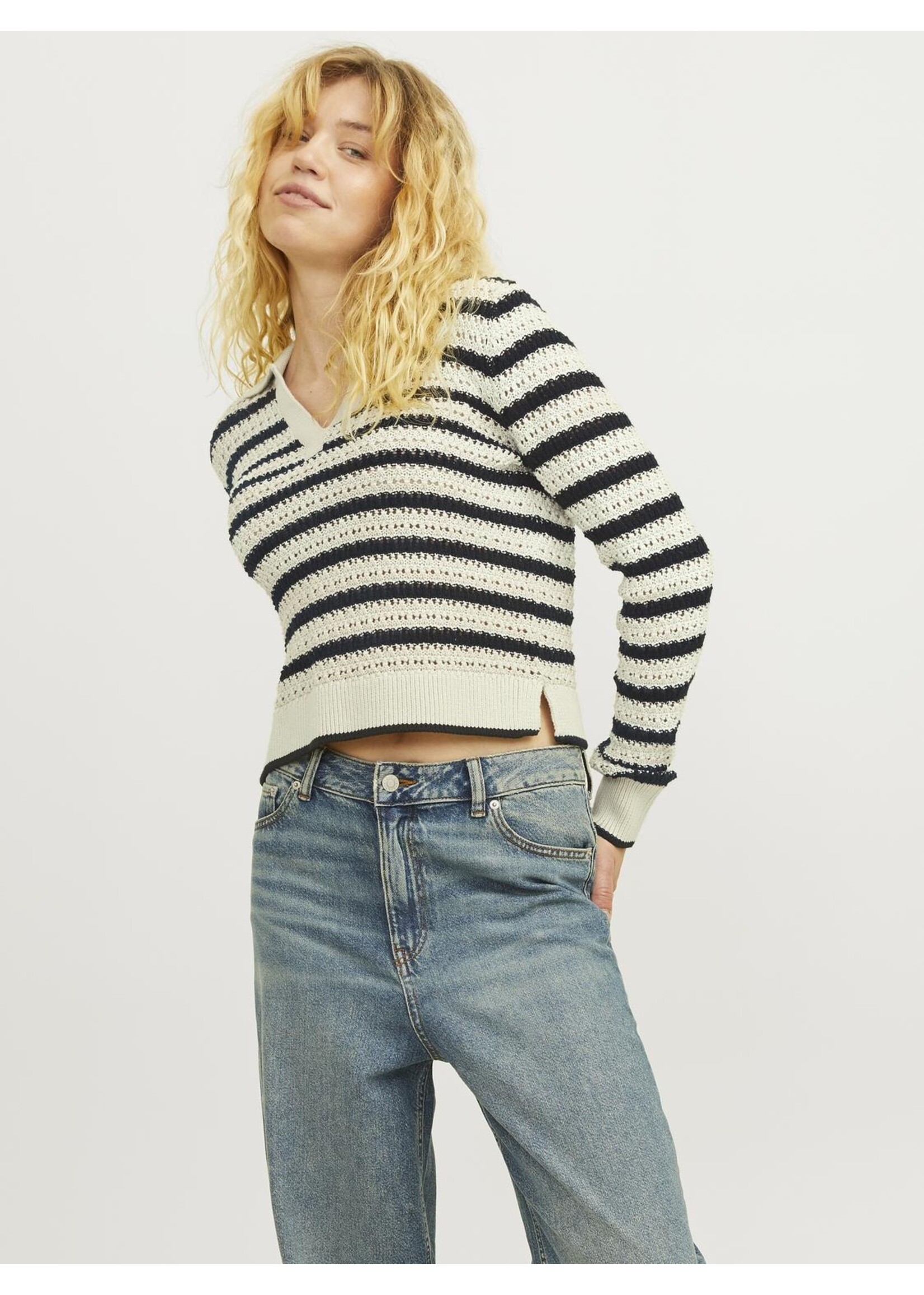 JXADDY STRIPE POLO NECK KNIT - BONE WHITE