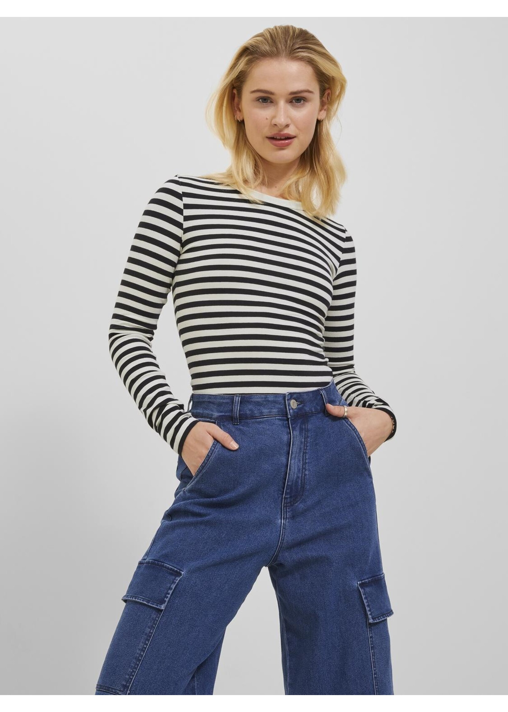 JXCELINE GIGI LS SOLID STRIPE TEE - BL&WH