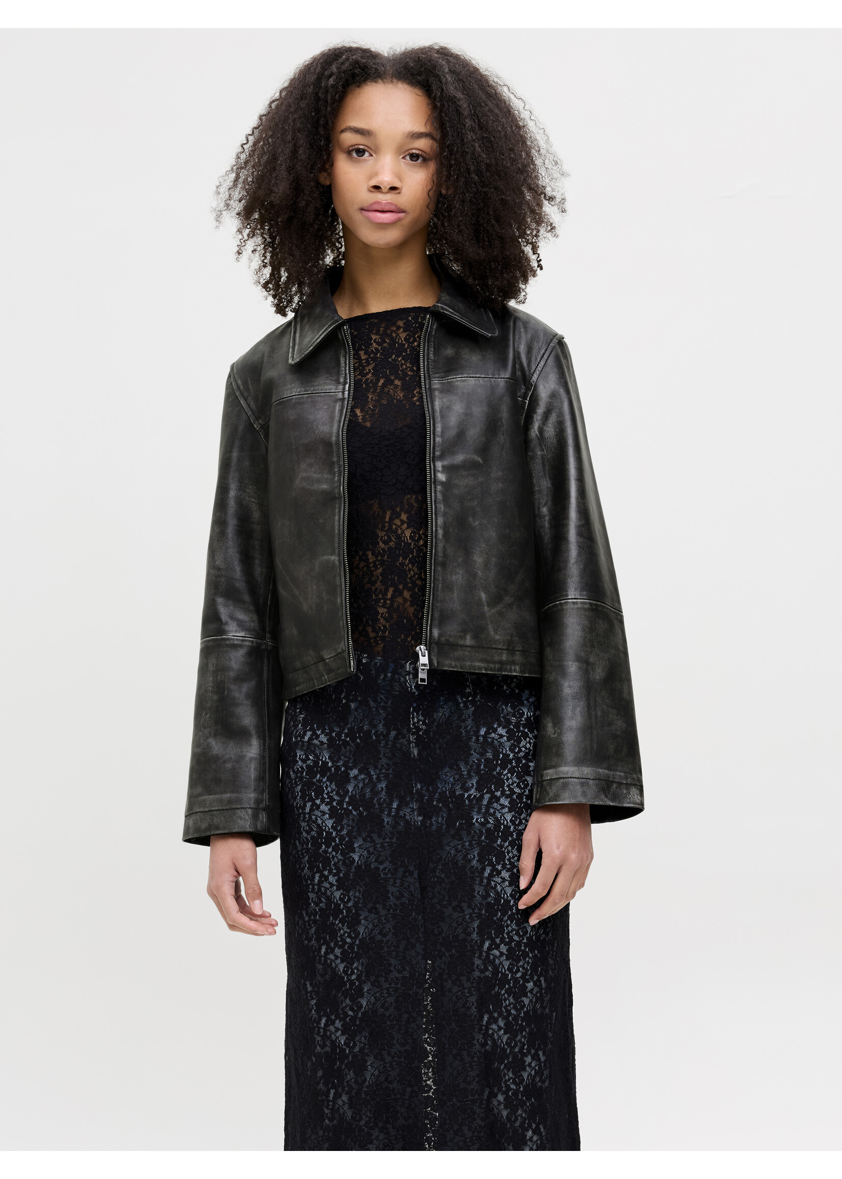 JXENYA LEATHER SHORT JACKET - BLACK WASHED