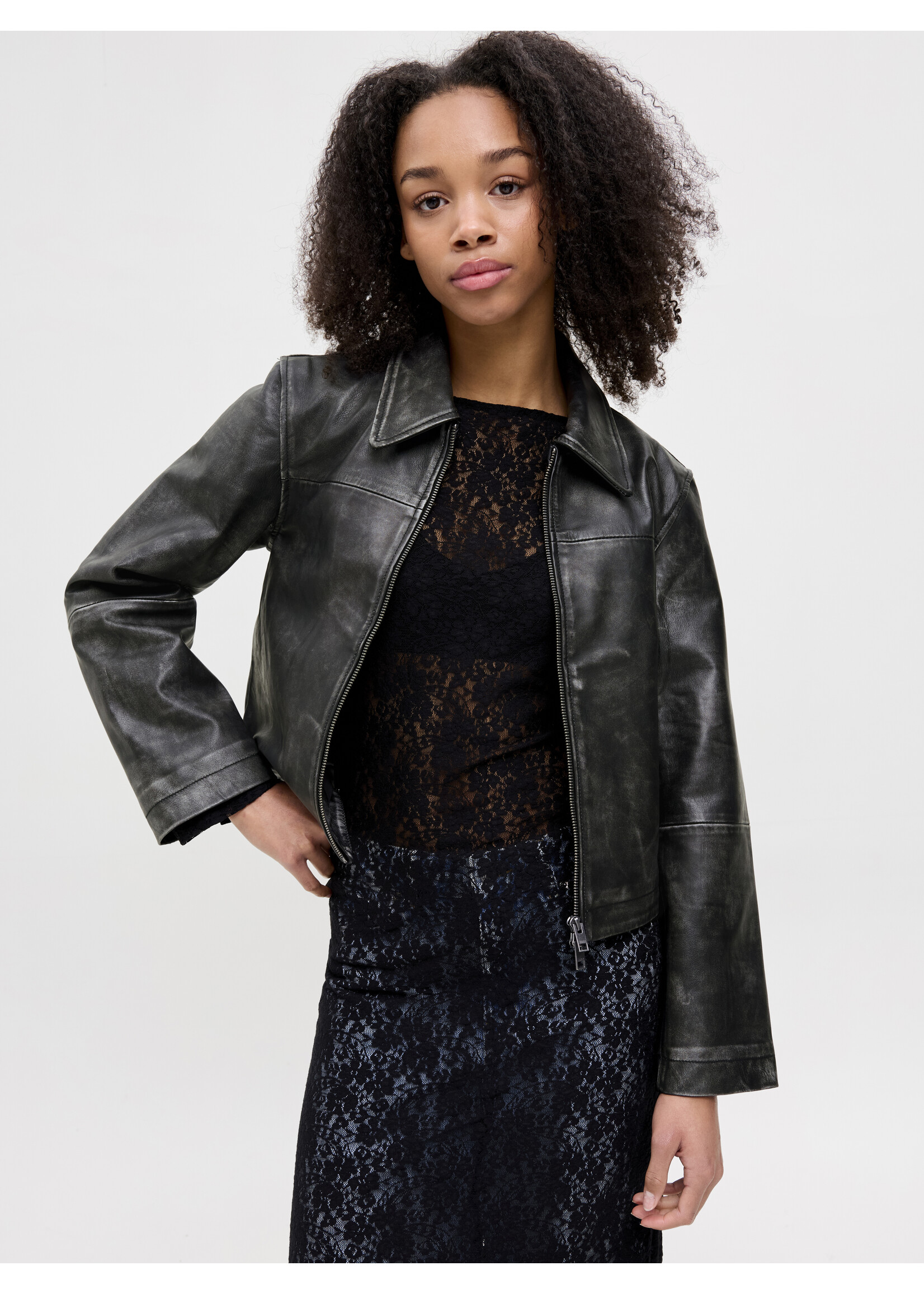 JXENYA LEATHER SHORT JACKET - BLACK WASHED