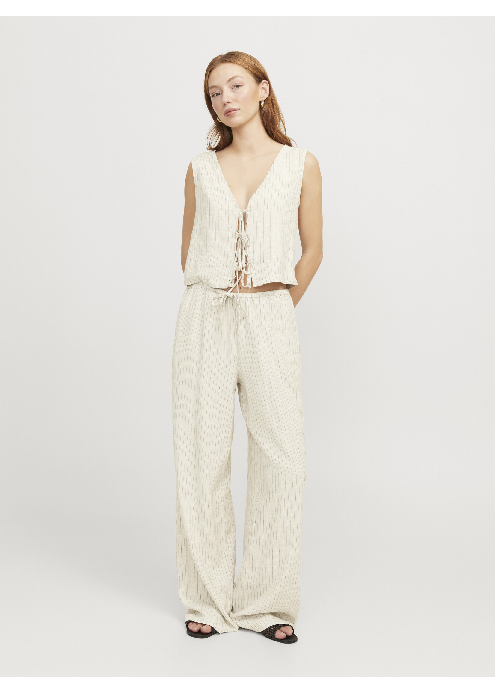 JJXX JXBREEZE FLORA SUMMER LINEN PANTS - FEATHER GRAY PINSTRIPE