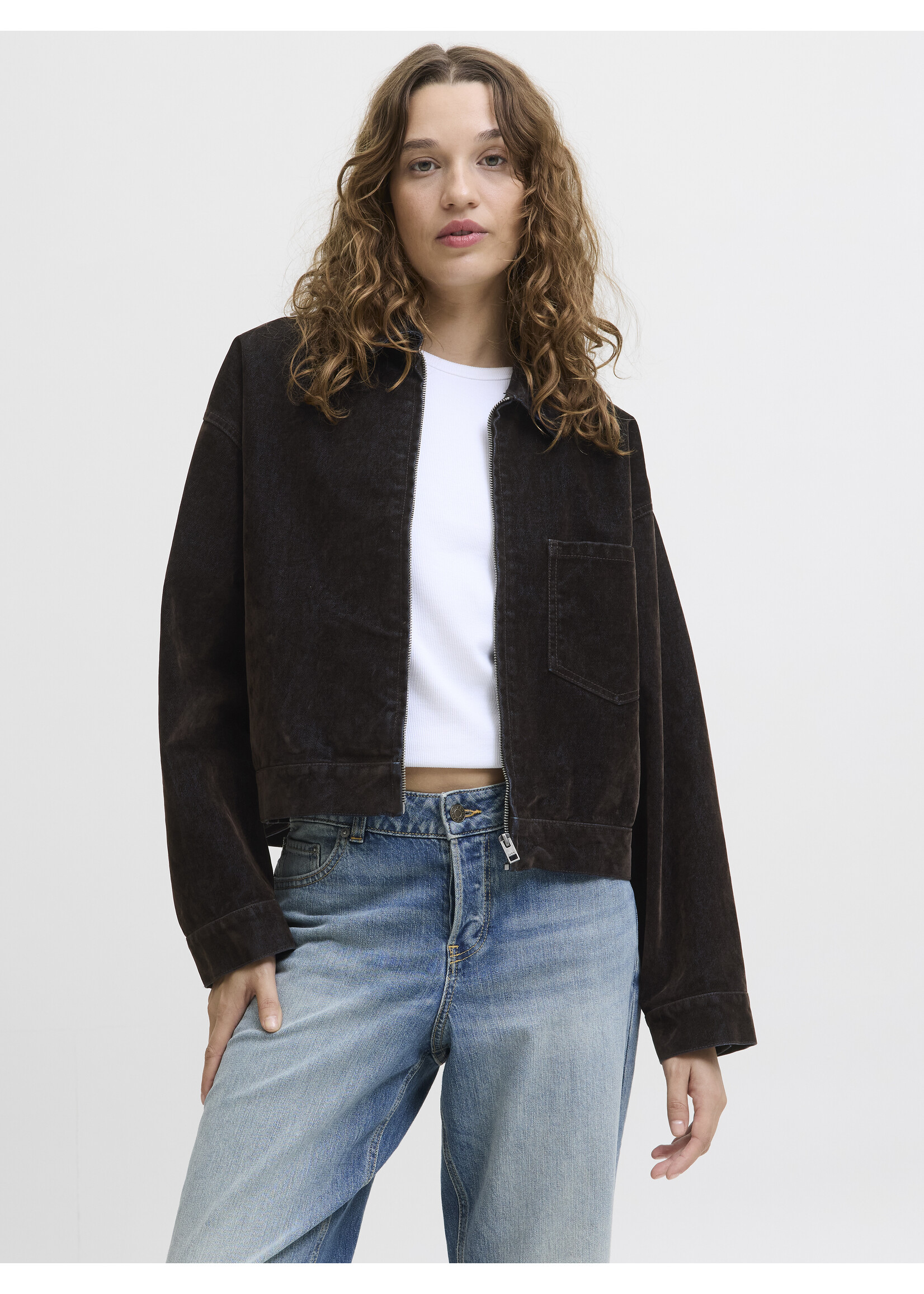 JXMIA FLOCK DENIM JACKET - BROWN DENIM