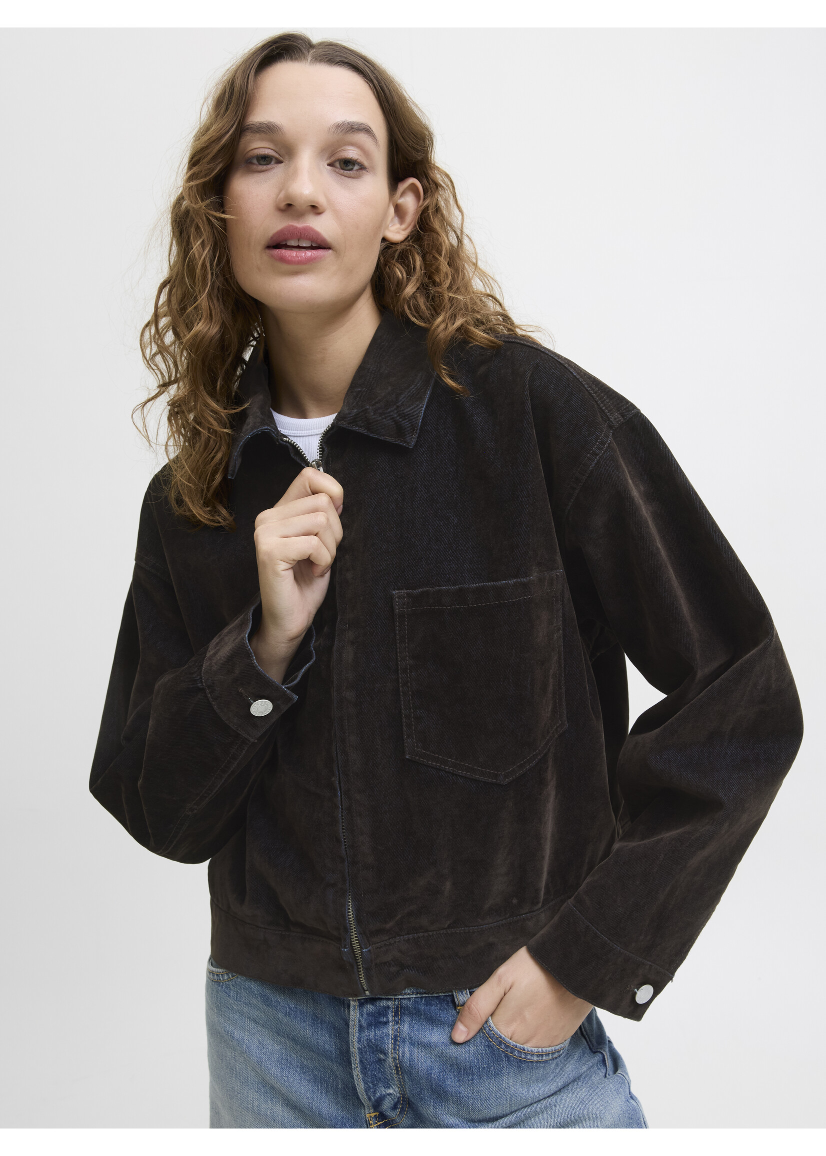 JXMIA FLOCK DENIM JACKET - BROWN DENIM