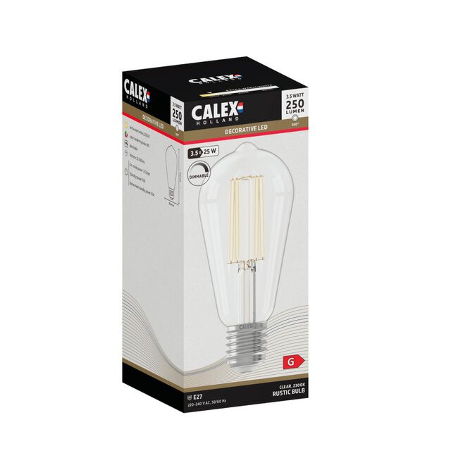 Dimbare E27 filament lichtbron Rustiek Clear | 3,5W - 250lm - 2300K | Calex