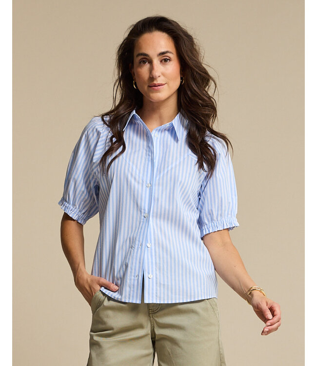 Red Button Blouse Victoria poplin stripe short light blue