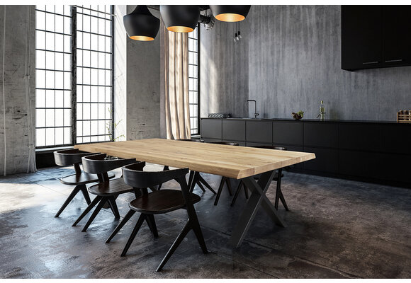 Industriele Eikenhout Salon of Eetkamertafel Fabrio met stalen X-Frame