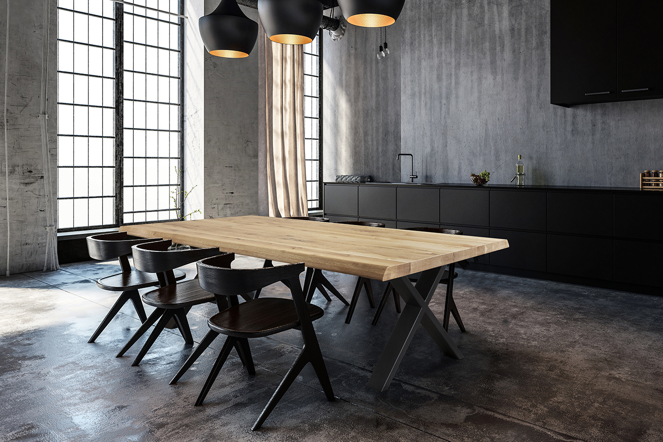 Industriele Eikenhout Salon of Eetkamertafel Fabrio met stalen X-Frame