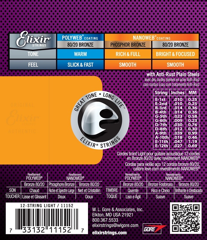 Elixir 11152 Nanoweb 12-String Acoustic Bronze Strings Light 10-47