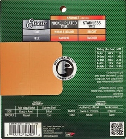 Elixir 14202 Nanoweb  5-String Bass Strings 45-130