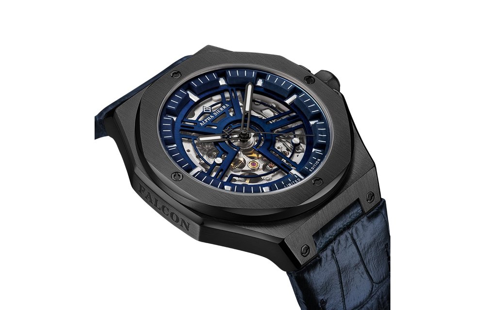 Alpha Sierra Falcon LVD198B - Zwart / Blauw - Leren band - Herenhorloge - Ø 45 mm