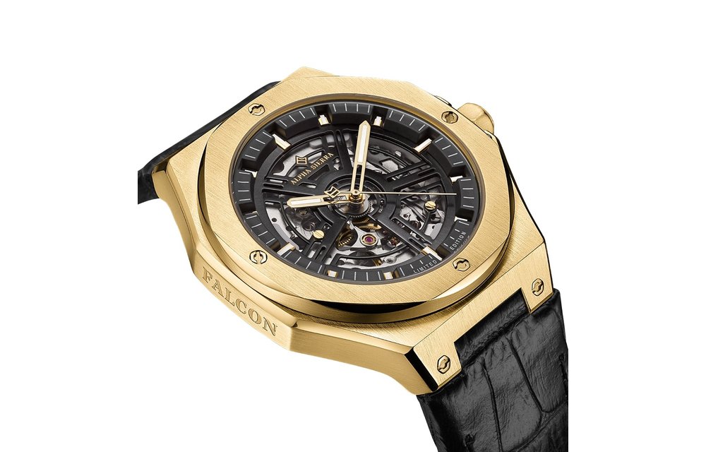 Alpha Sierra Falcon LVD188G - Goudkleurig / Zwart - Leren band - Herenhorloge - Ø 45 mm