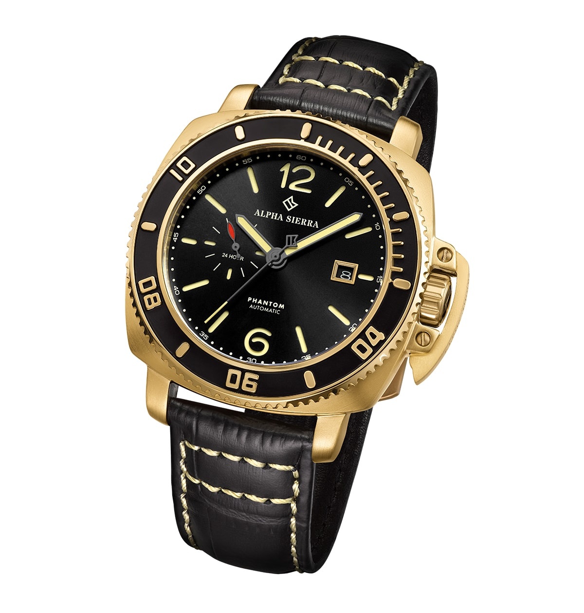 Alpha Sierra Watch Co. Alpha Sierra Phantom F4-G103 - Goudkleurig - Zwarte  leren band - Herenhorloge -Ø 44 mm - Brandfactory'12 B.V.