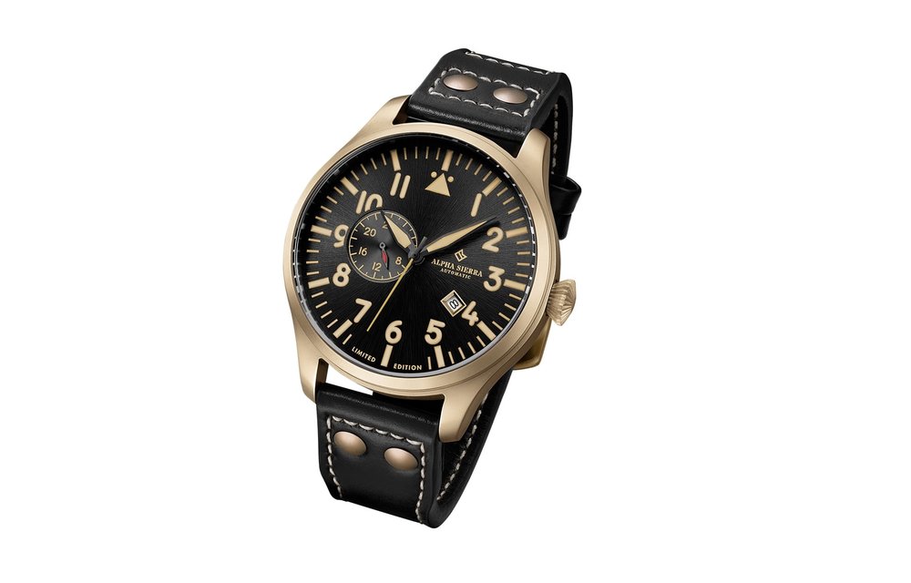 Alpha Sierra Automatic AM5 - Herenhorloge - Zwart Leren Band - Zwarte Wijzerplaat - Ø 46.5 mm
