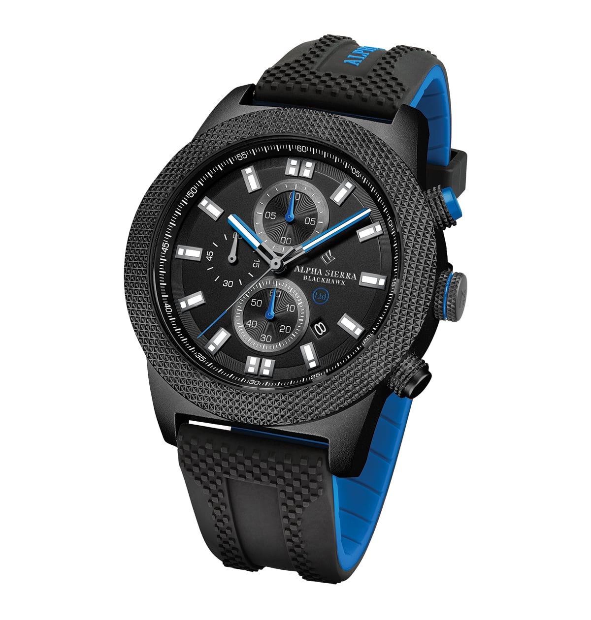 Alpha Sierra Watch Co. Alpha Sierra Blackhawk UH62BL - Herenhorloge -  Siliconen - Zwart / Blauw - Limited Edition - Ø 48 mm - Brandfactory'12 B.V.