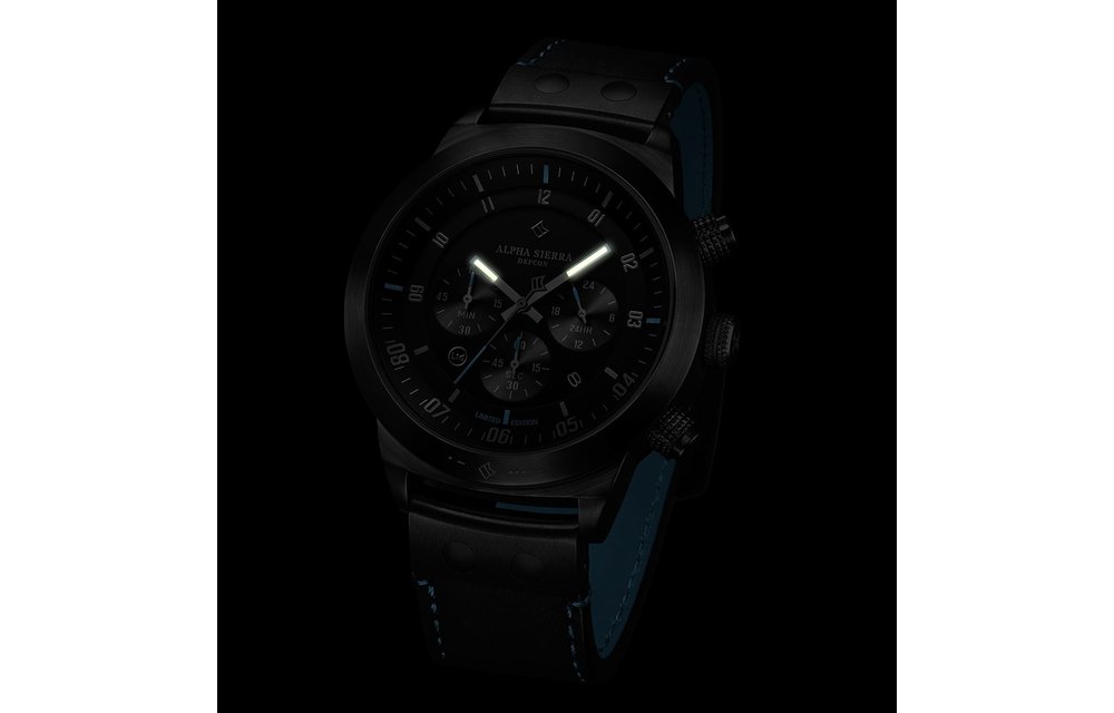 Alpha Sierra - Defcon - LGM30BL - Herenhorloge - Leer - 46mm - Zwart / Blauw - Limited Edition