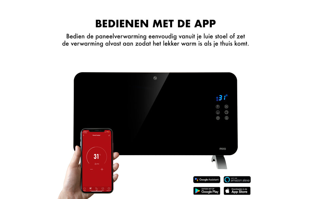 MOA Smart Glazen Paneelverwarmer met WiFi - Elektrische kachel - Panel Heater - Paneelverwarming - Portable Heater - Zwart - MOAPH15B