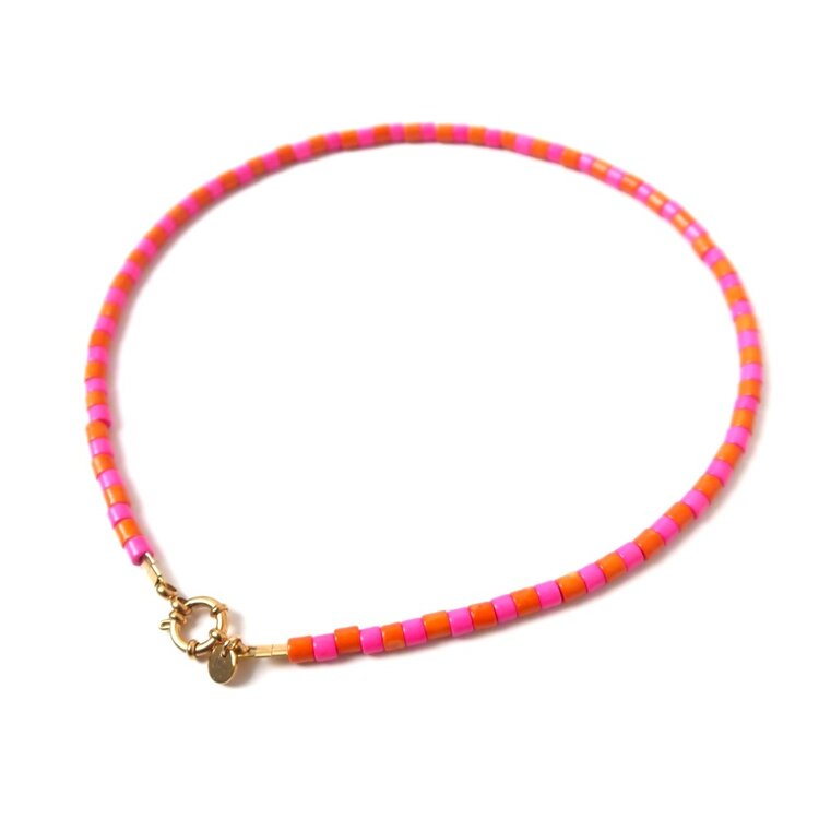 LOVEissue Necklace stripe orange pink - Square yellow smiley