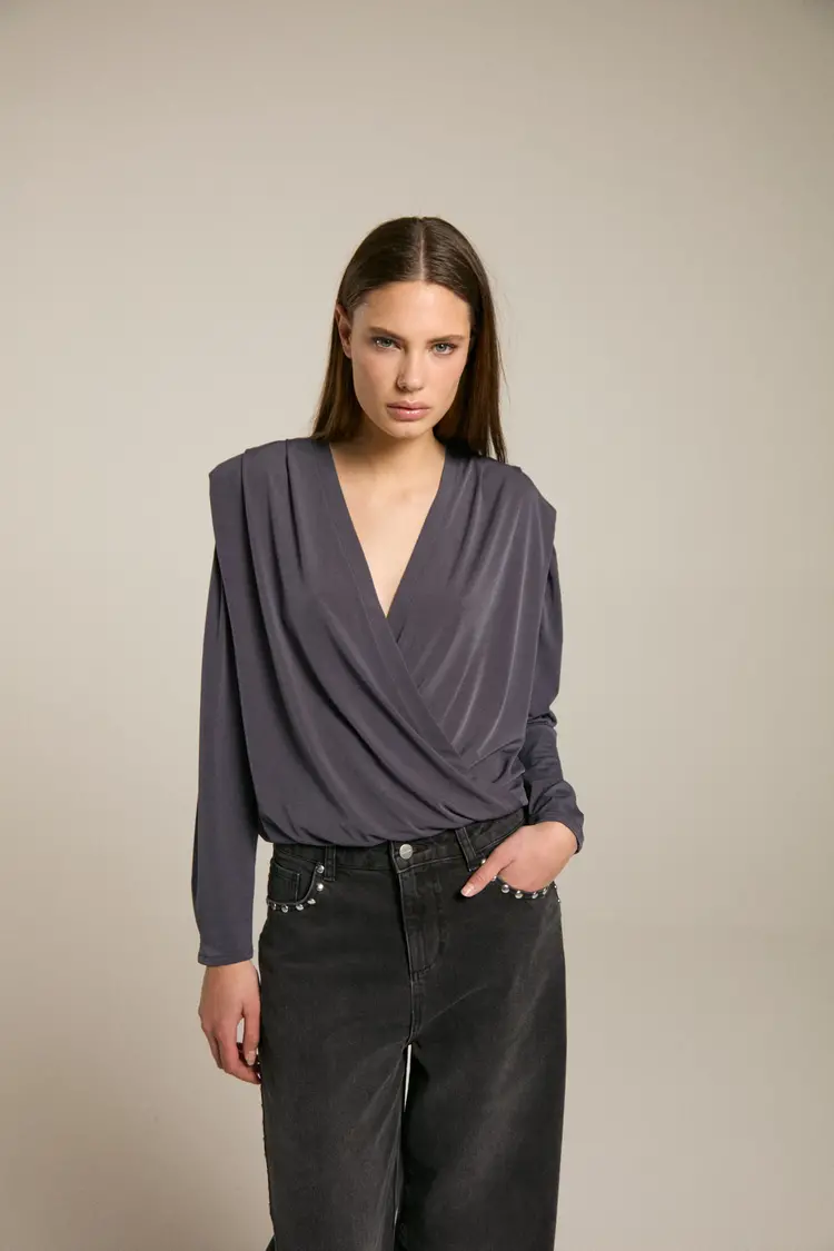 Homage Flowy Cross Over Top With Shoulder Pads- Bluish Grey