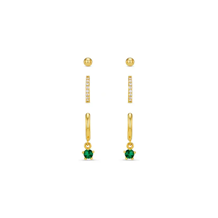 Orelia Pavé Hoop & Emerald Drop Ear Stacking Set - Gold Plated