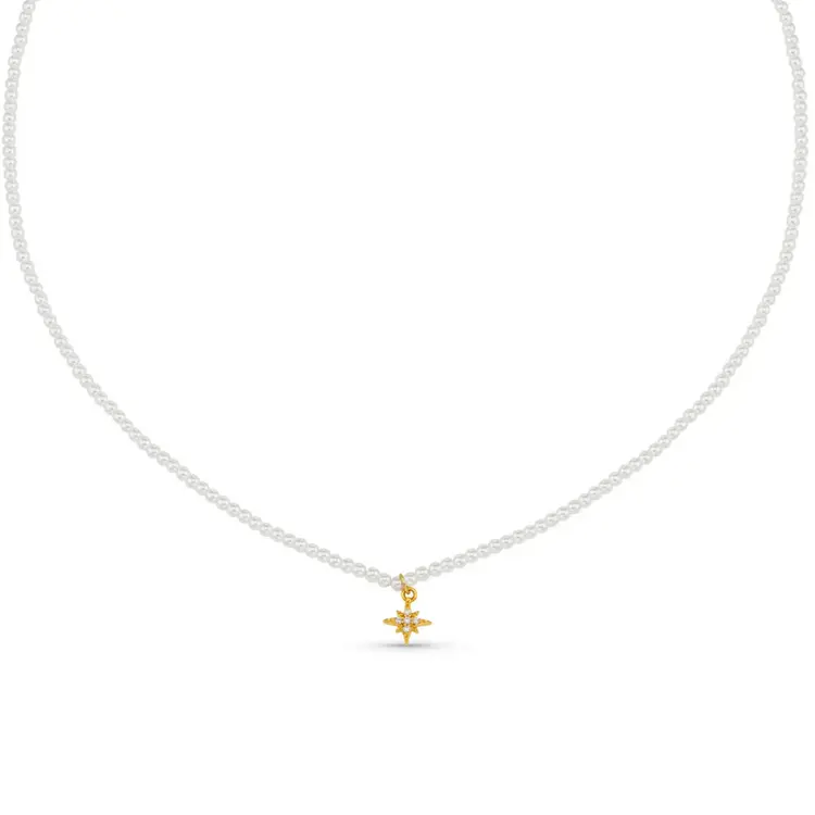 Micro Pearl & Pavé Starburst Necklace - Gold Plated