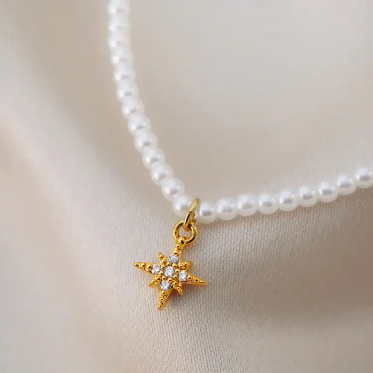 Micro Pearl & Pavé Starburst Necklace - Gold Plated