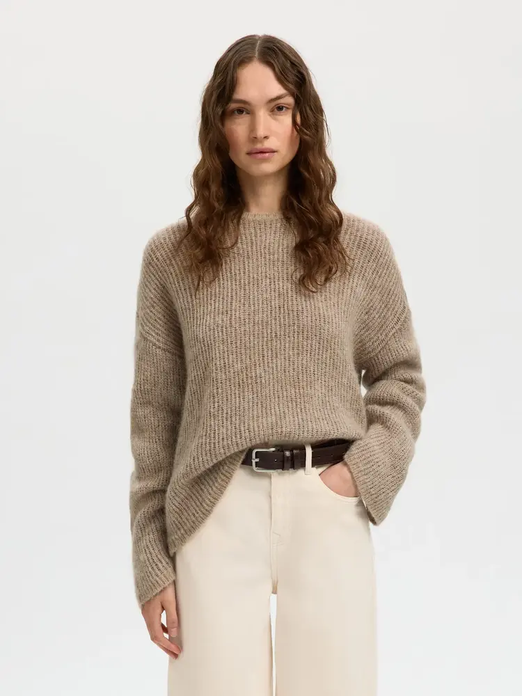 Selected Lulu Ls Knit O-neck - Chocolate Chip