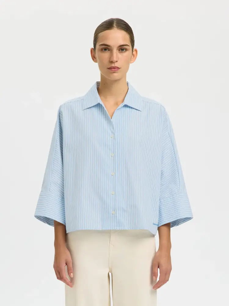 Selected Ester Oversize 3/4 Shirt - Malibu Blue Stripe