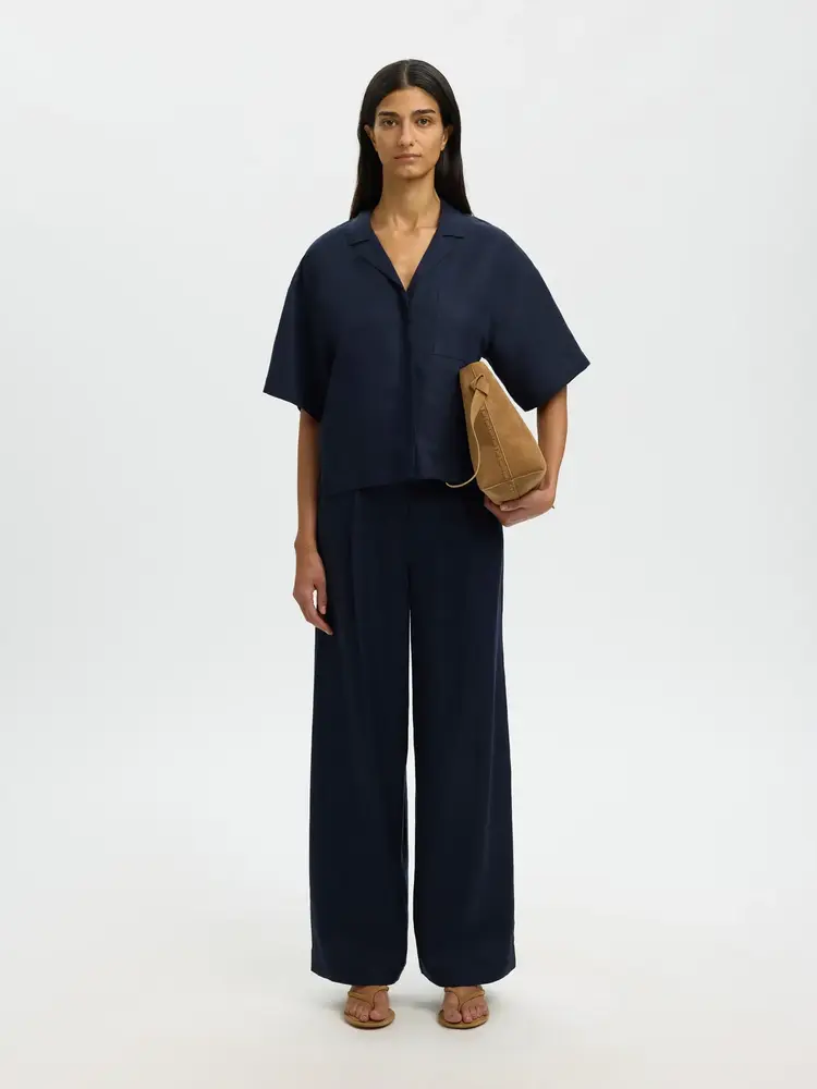 Selected Lyra Wide Linen Blend. Pant - Dark Sapphire
