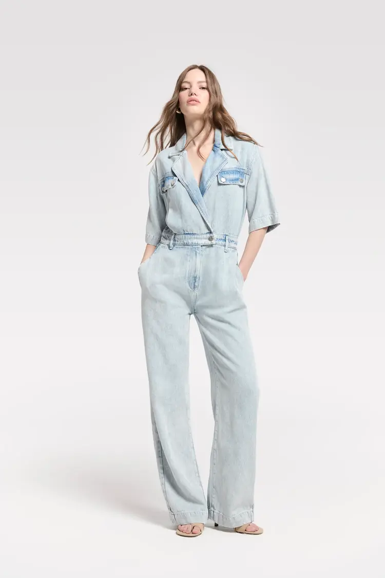 Homage Flowy Denim Overall With Short Sleeves - Light Soft Blue